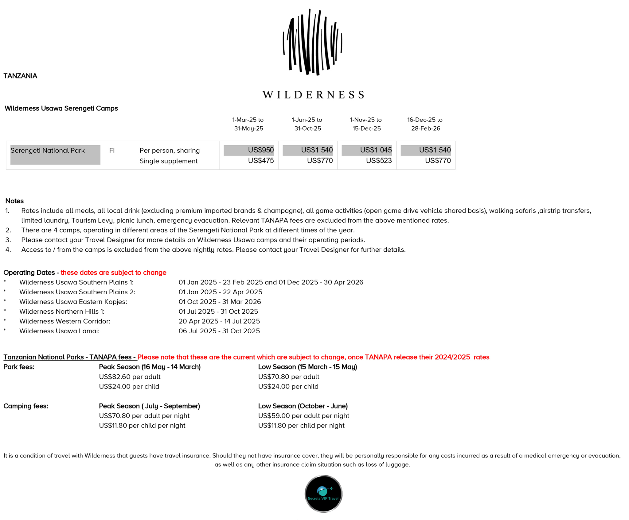 accommodation rates for 2025 to Wilderness Usawa tented camp Serengeti