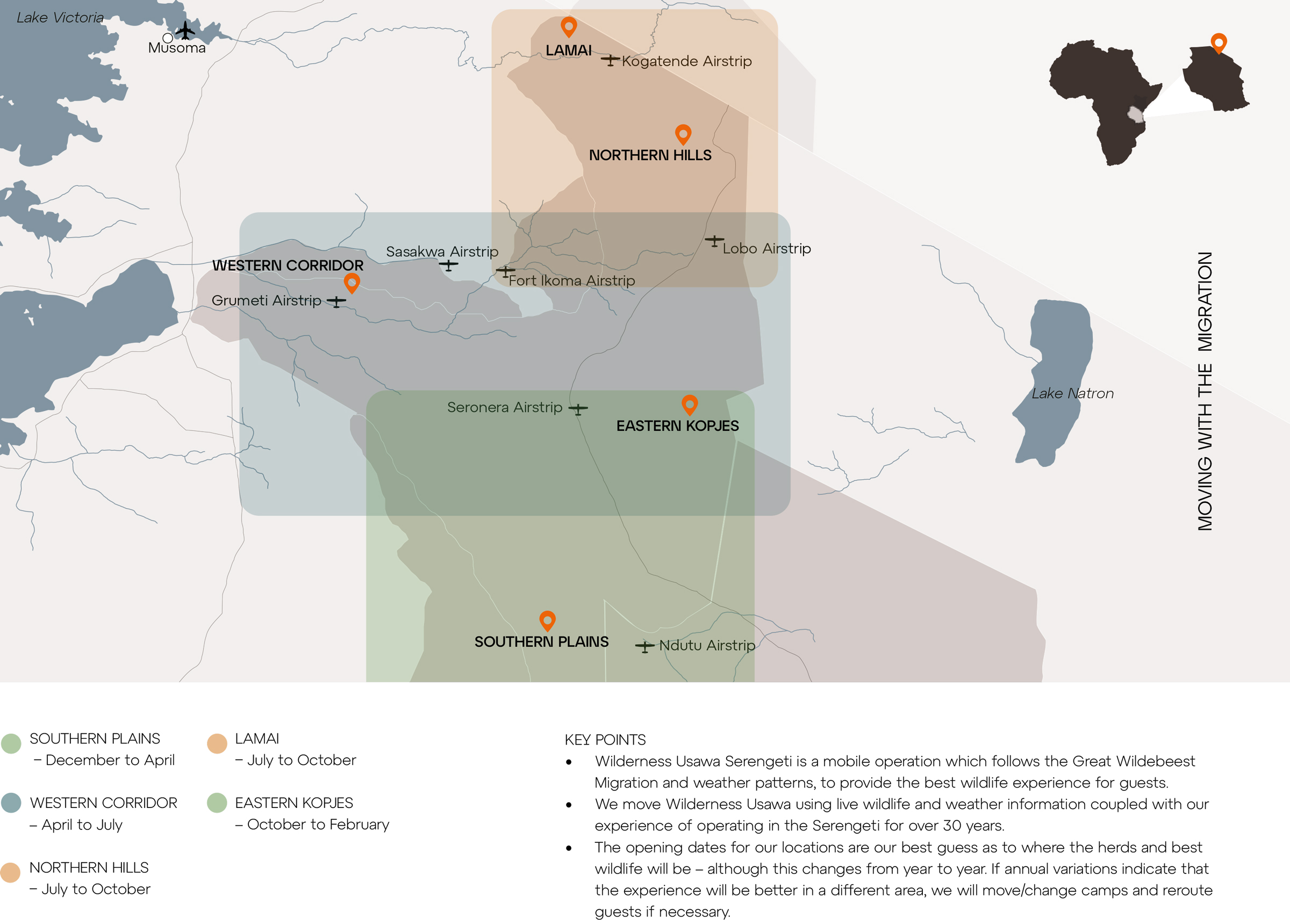 map showing the locations of the migration of Wilderness Usawa tented camp Serengeti